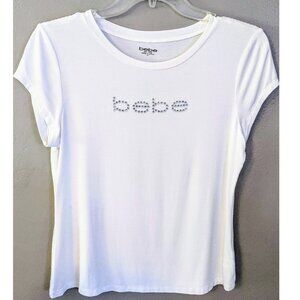 bebe Rhinestone Logo Tee Shirt White Short Sleeve Women's Size M - NEW